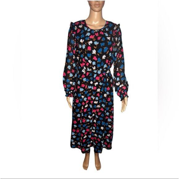 J. Crew Womens Size 8 Crinkle Ruffle Tiered Midi Dress Black Dark Floral Modest - Picture 5 of 11